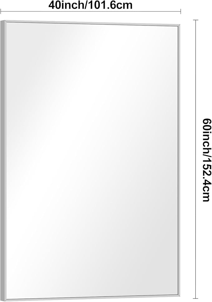 Silver Bathroom Mirror,60x40 inch Wall Mirror for Bathroom Wall Mounted,Large Rectangle Mirror for Bathroom Over Sink,Modern Metal Frame for Living Room,Bedroom Entryway,Horizontal/Vertical