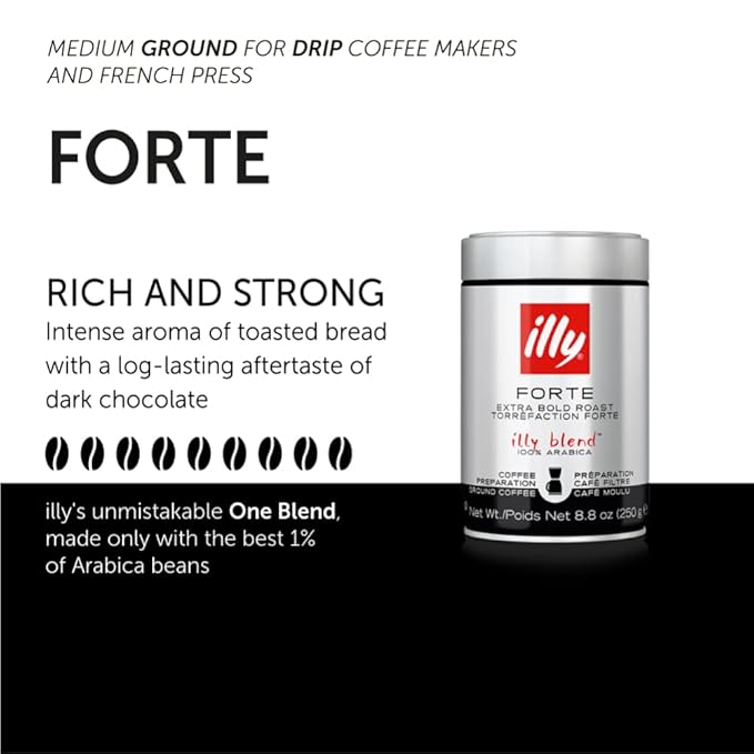 Illy Ground Drip Coffee - Forte Extra Bold Roast Coffee - Rich & Strong Flavor - 100% Arabica - Pre-Ground for Drip Pour Over - Pressurized Packaging Sealed for Freshness - 8.8oz (Pack of 6)-FlexoryFit