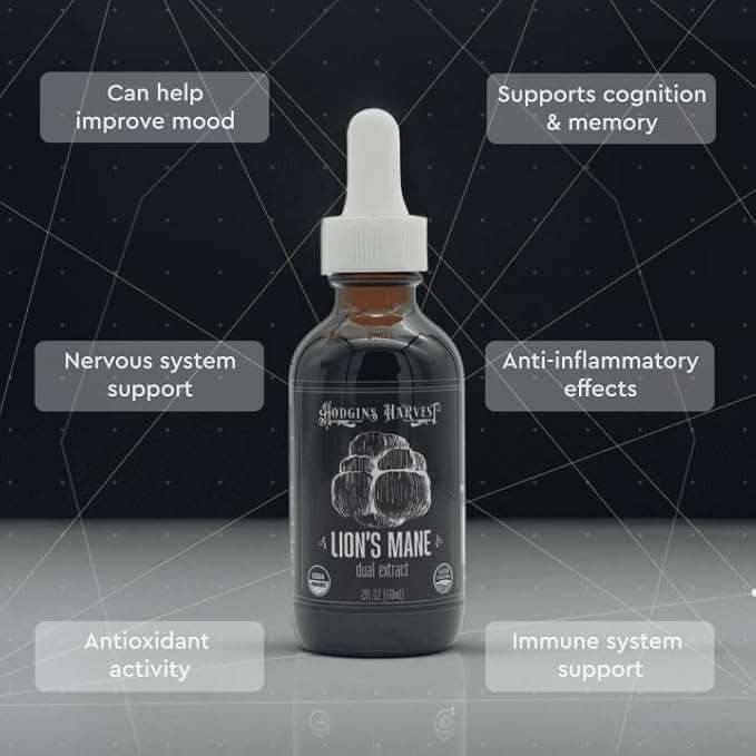 Hodgins Harvest Organic Lion's Mane Fruiting Body Extract Tincture - Mushroom Supplement for Brain Health and Mental Focus - Dual Extract Formula - Extra Concentrated - 2 fl oz Bottle-FlexoryFit