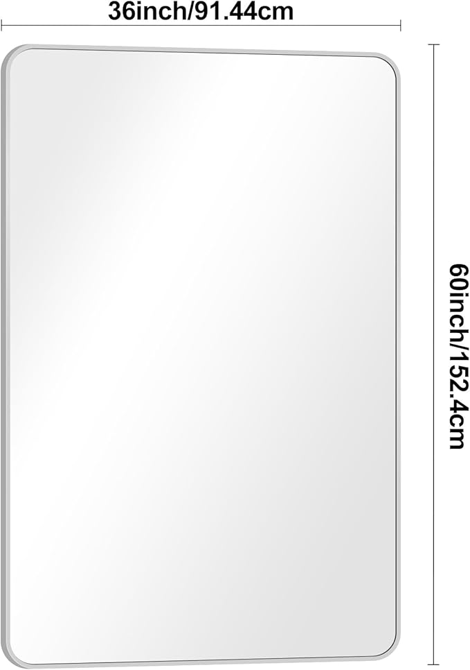 Silver Bathroom Mirror,60x40 inch Wall Mirror for Bathroom Wall Mounted,Rectangle Mirror for Bathroom Over Sink,Modern Frame Round Corner for Living Room,Bedroom Entryway,Horizontal/Vertical