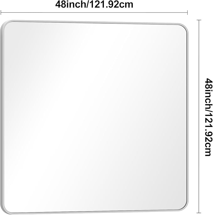 Silver Bathroom Mirror,48x48 inch Wall Mirror for Bathroom Wall Mounted,Rectangle Mirror for Bathroom Over Sink,Modern Frame Round Corner for Living Room,Bedroom Entryway,Horizontal/Vertical