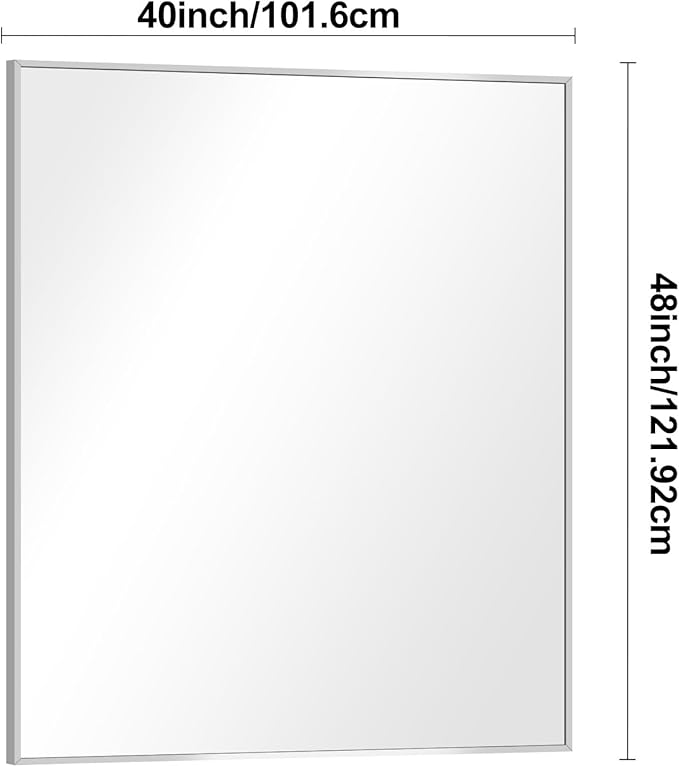 Silver Bathroom Mirror,40x48 inch Wall Mirror for Bathroom Wall Mounted,Large Rectangle Mirror for Bathroom Over Sink,Modern Metal Frame for Living Room,Bedroom Entryway,Horizontal/Vertical-FlexoryFit