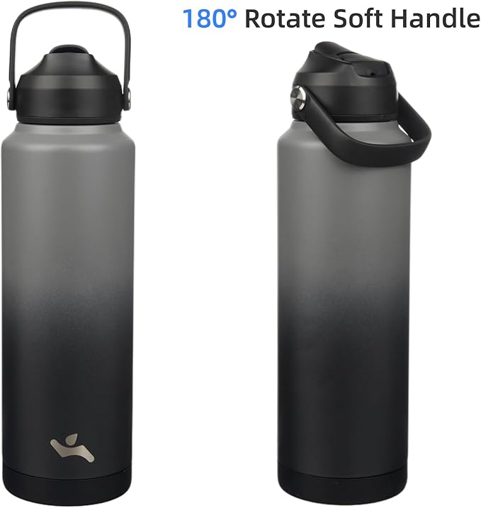 Insulated Water Bottle with Straw Lid,40 oz Stainless Steel Vacuum Metal Bottle with Silicone Handle,Gray Black-FlexoryFit