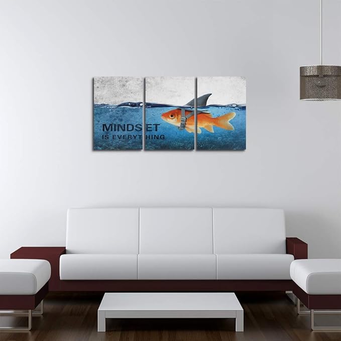 3 Panels Modern Framed Inspirational Canvas Wall Art Goldfish Body Strong Shark Heart Mindset is Everything Motivational Wooden Decor Posters for Office Gym Classroom Home Decoration(48''W x 24''H)-FlexoryFit