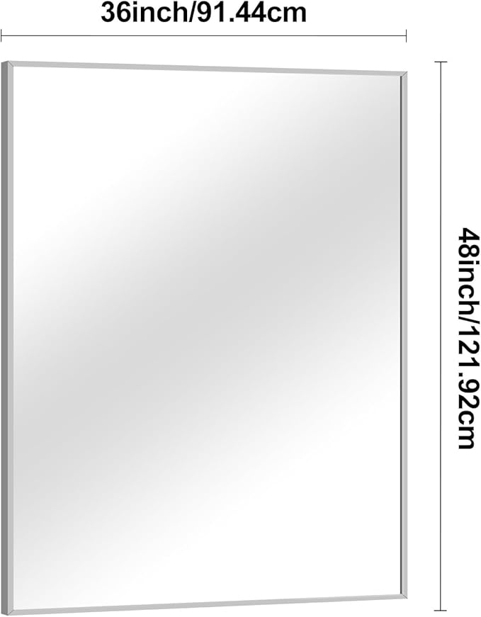 Silver Bathroom Mirror,36x48 inch Wall Mirror for Bathroom Wall Mounted,Large Rectangle Mirror for Bathroom Over Sink,Modern Metal Frame for Living Room,Bedroom Entryway,Horizontal/Vertical