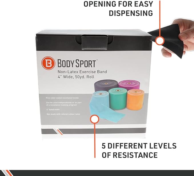 Body Sport Exercise Band, 50 yd. x 4 in. Roll, Special Heavy Resistance - Home & Gym Fitness Equipment for Stretching, Strength Training & Physical Therapy (Black)-FlexoryFit