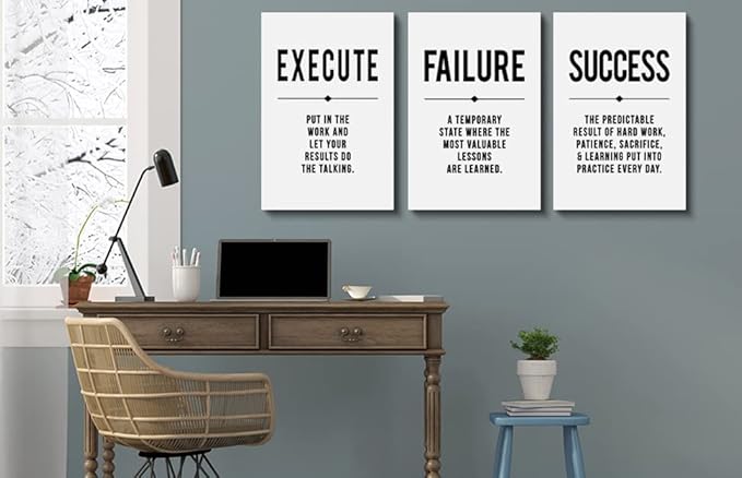Framed Canvas Wall Art Success Quote, Office Wall Art, Black Large Poster, Positive Motivational Set of 3 Prints, Execute Failure Success Poster, Inspirational Print (D-3pcs,16x24inchx3pcs)-FlexoryFit