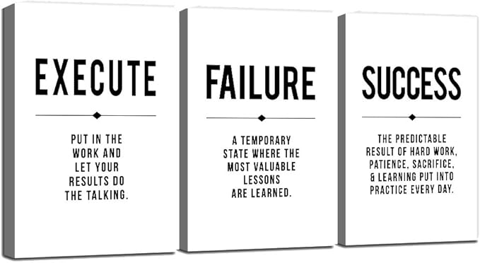 Framed Canvas Wall Art Success Quote, Office Wall Art, Black Large Poster, Positive Motivational Set of 3 Prints, Execute Failure Success Poster, Inspirational Print (D-3pcs,16x24inchx3pcs)-FlexoryFit