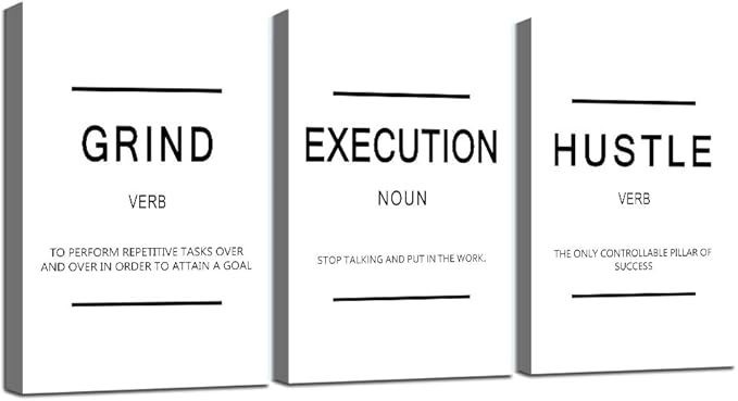 Framed Canvas Wall Art Success Quote, Office Wall Art, White Large Poster, Positive Motivational Set of 3 Prints, Grind Execution Hustle Poster, Inspirational Print-FlexoryFit