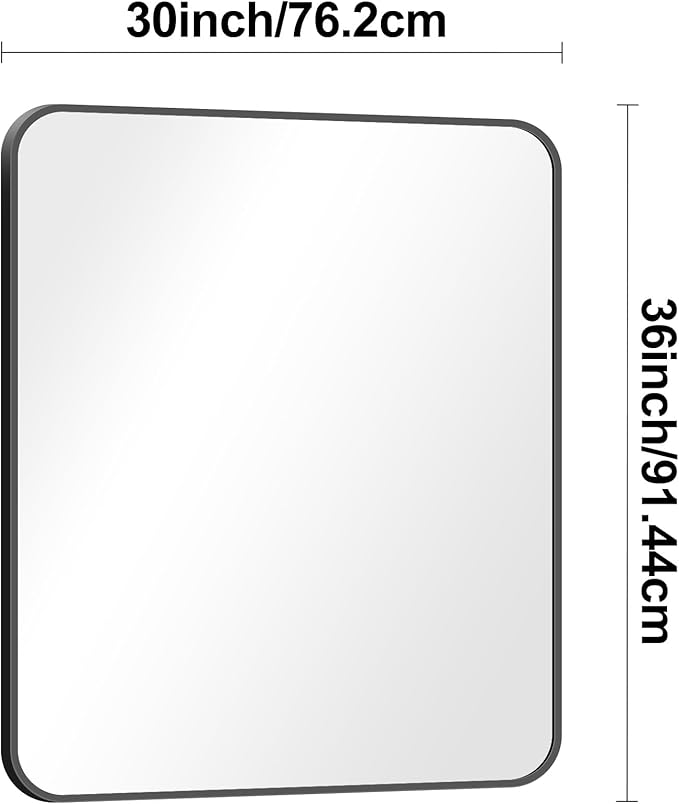 30x36 inch Bathroom Mirror,Black Rectangle Mirror,Wall Mounted Bathroom Frame Vanity Mirror with Round Corner for Bedroom Living Room, Entryway Hangs Horizontal or Vertical-FlexoryFit