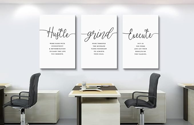 EPHANY Inspirational Wall Art - Large Office Wall Decor Painting, Hustle Grind Execute Quotes, office wall art,working room wall decor, gift for boss (H-3pcs,24x36inchx3pcs)-FlexoryFit