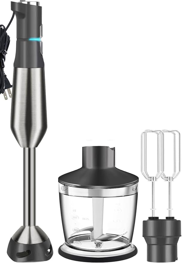 Immersion Blender RPM 16000±10% Scratch Resistant Hand Blender,15 Speed and Turbo Mode Hand Mixer, 3-in-1 Heavy Duty Copper Motor Stainless Steel Smart Stick with Egg Beaters and Chopper-FlexoryFit