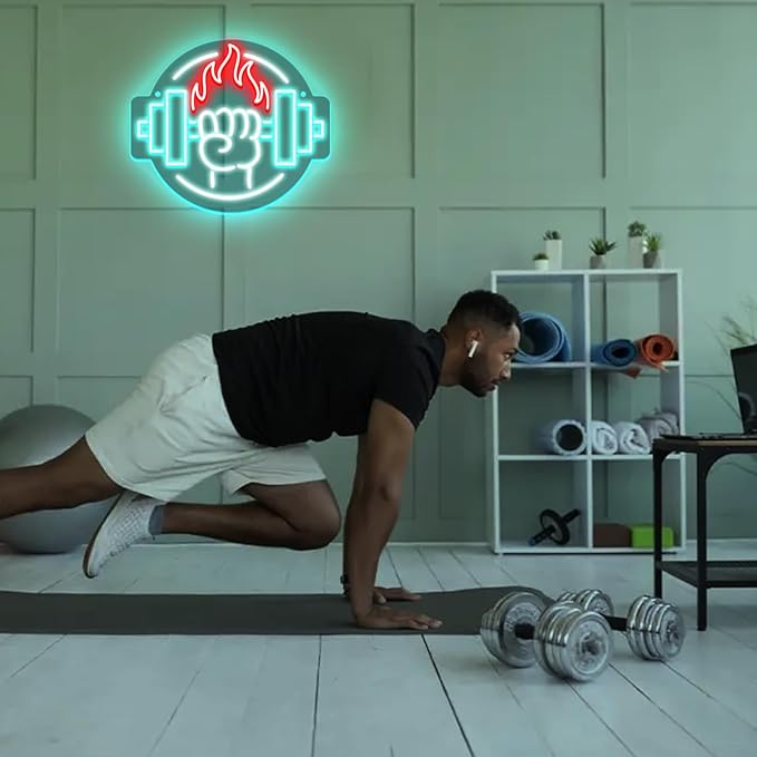Gym Led Neon Sign- Gym Neon Light Dumbbell Sign for Home Gym Fitness Club Boy's Room Sports Room Decor Neon Light Fitness Club Neon Signs for Wall Art Birthday Gift 5V(13 * 11.81 Inch)-FlexoryFit