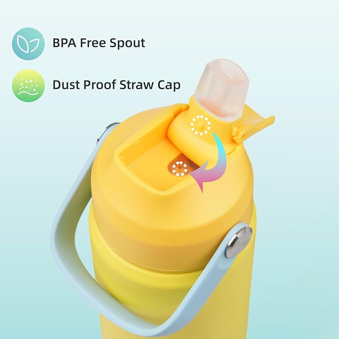 Insulated Water Bottle with Straw Lid,12 oz Stainless Steel Vacuum Metal Bottle with Silicone Handle,Yellow-FlexoryFit