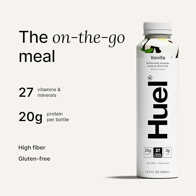 Huel Ready-to-Drink | Vanilla Meal Replacement Drink | High Protein Drink | Nutritionally Complete, Low Sugar, High Fiber, Plant Based, Vegan, Healthy | 20g Protein Per Bottle, 16.9 Fl Oz (12 Pack)-FlexoryFit
