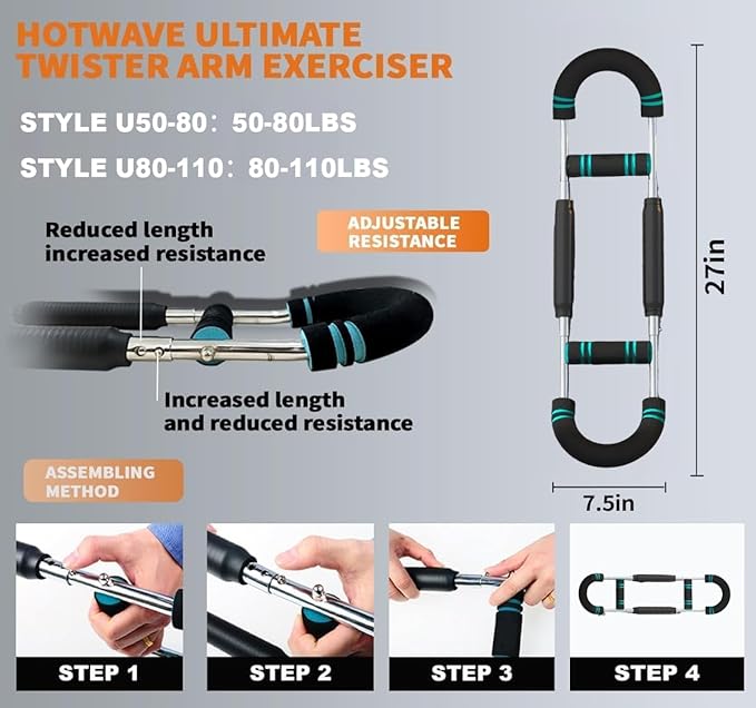 HOTWAVE Twister Arm Exerciser,Adjustable Spring Workout Bar, Forearm Triceps Chest Enhanced Exercise Strengthener,Portable Home Fitness Equipment-FlexoryFit