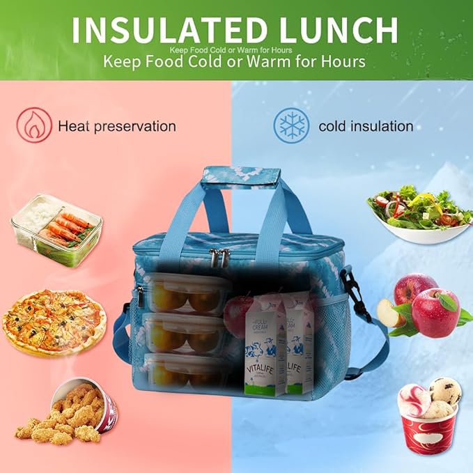 iknoe Large Foldable Cooler Bag, 8.5L Insulated Lunch Bag, Leakproof Lunch Cooler Tote with Multi-Bag Design Suitable for Beach, Picnic and Office Use, Blue White 15-Can-FlexoryFit