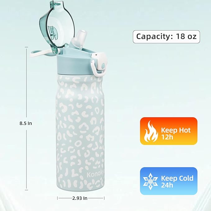 Insulated Water Bottle with Straw and Carry Loop,18 oz Stainless Steel Double Wall Vaccum Metal Water Flask with Leak-proof Lid,Light Blue Leopard-FlexoryFit