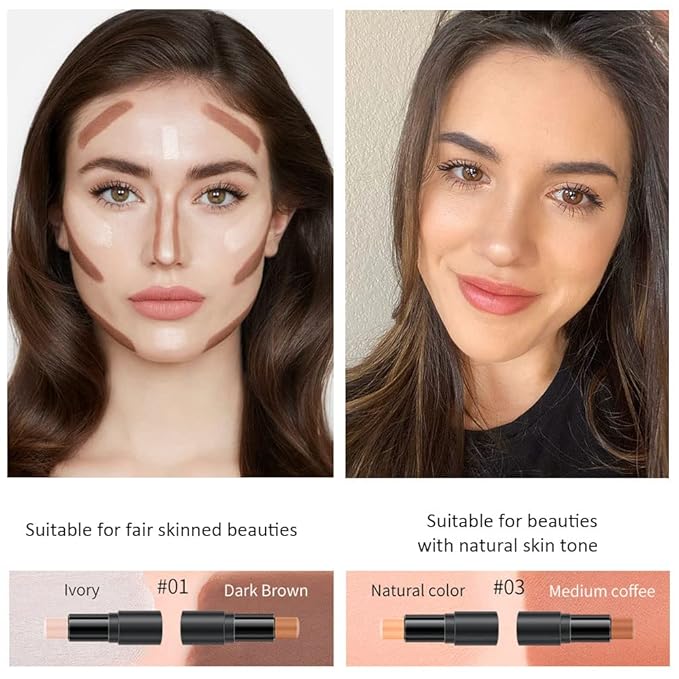 2 Colors Cream Contour Sticks Makeup Kit, Primer Face Highlighter Contouring for Beginners, Highlight and Contour Kit, Cream Concealer Makeup Blur Stick, Primer Face Corrector 3#-FlexoryFit