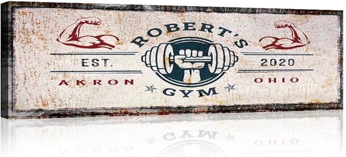 Tailored Canvases Personalized Gym Sign Wall Art Decor - Motivational Canvas for Home Gym, Workout Room, Garage, Fitness Center - Workout Inspirational Posters - One Hand with Dumbbell on Rustic,