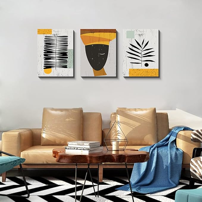 Framed Canvas Wall Art African Ethno Motive Wall Art Set, Abstract Ethno Art, African American Woman Portrait, Black Orange Print, Contemporary Collage, Minimalist (S-3pcs,20x30inchx3pcs)-FlexoryFit