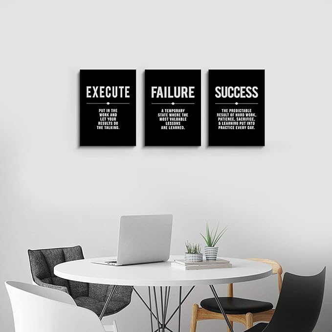 Framed Canvas Wall Art Success Quote For Office, Black Large Positive Motivational Poster, Set of 3, Execute Failure Definition, Inspirational Print (A-3pcs,12x16inchx3pcs)-FlexoryFit