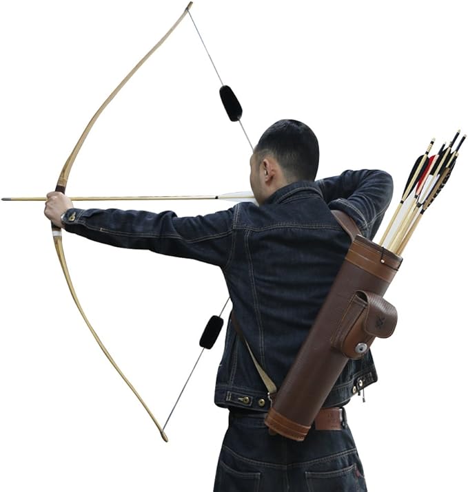 TOPARCHERY Traditional Shoulder Back Quiver Bow Leather Arrow Holder with Large Pouch Handmade Straps Belt Bag Brown