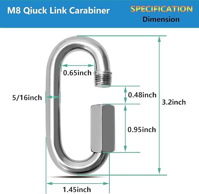 Quick Links, Chain Links Connector, 620lbs Capacity Heavy Duty Carabiner Clips, Galvanized Thread Quick Link Hardware for Safety Chain Swing Gym Hammock, Screw Lock Oval Locking Carabiner