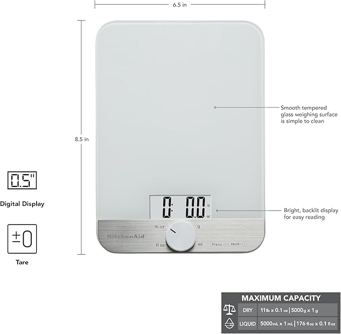 KitchenAid KQ908 Glass Surface 11 Pound Capacity Digital Kitchen and Food Scale, White-FlexoryFit