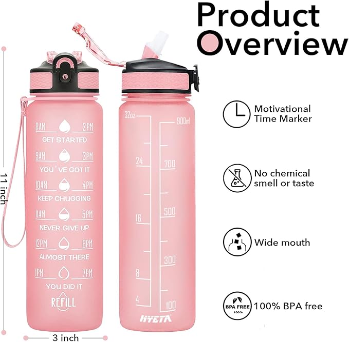 Hyeta 32 oz Water Bottles with Times to Drink and Straw, Motivational Water Bottle with Time Marker, Leakproof, Drinking Sports Water Bottle for Fitness, Gym and Outdoor-FlexoryFit