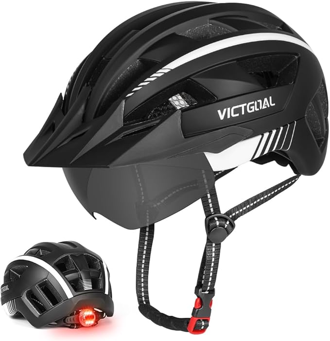 VICTGOAL Bike Helmet for Men Women with Led Light Detachable Magnetic Goggles Removable Sun Visor Mountain & Road Bicycle Helmets Adjustable Size Adult Cycling Helmets
