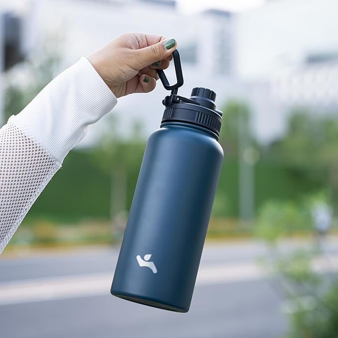 18 oz Insulated Water Bottle Stainless Steel Sport Bottles with 3 Lids,Navy Blue-FlexoryFit
