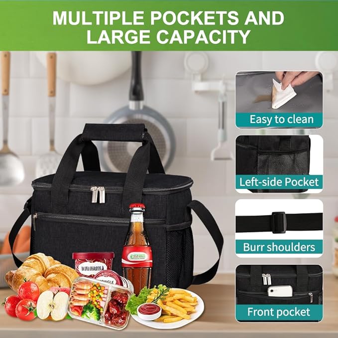iknoe Large Foldable Cooler Bag, 8.5L Insulated Lunch Bag, Leakproof Lunch Cooler Tote with Multi-Bag Design Suitable for Beach, Picnic and Office Use, Black 15-Can-FlexoryFit