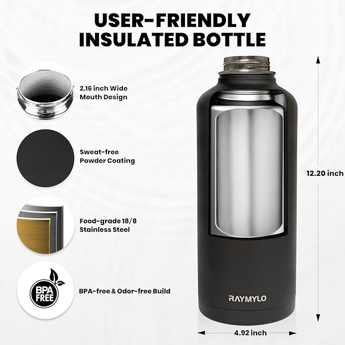 Insulated Water Bottle 87 oz, Triple Wall Vacuum Stainless Steel (Cold for 48 Hrs), Leak Proof & Non-BPA, Modern Water Flask Jug with Paracord Handle & Straw Spout Lids, Magic Black-FlexoryFit