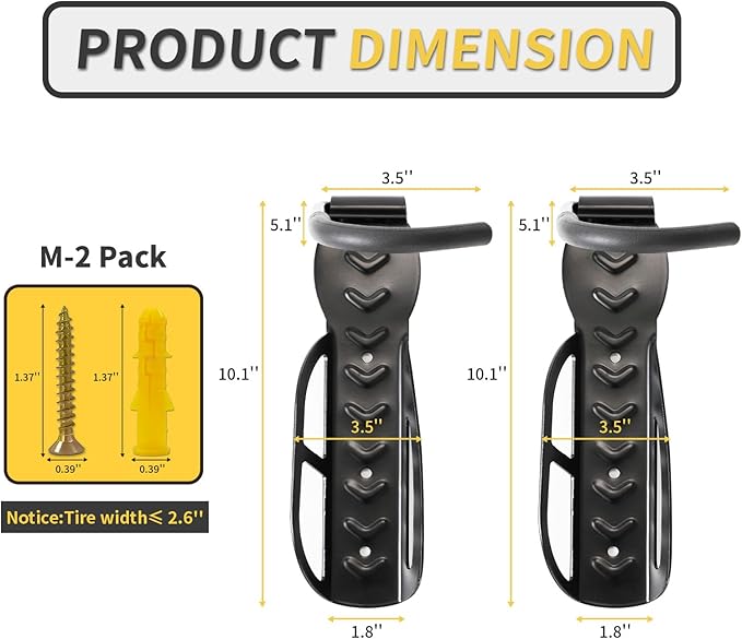 Vertical Bike Rack Wall Mount for Garage–Heavy-Duty Steel Bicycle Hook for Indoor Storage, Space-Saving Holder for Road, Mountain & Hybrid Bikes, Fits Tires Up to 2.6" Wide (2 Pack)