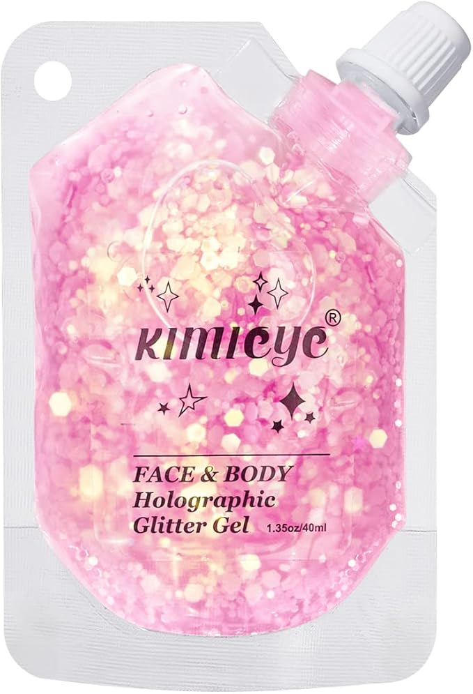 Holographic Face Glitter Gel Body Shimmer Makeup for for Hair, Face, Clavicle, Arm, Nail, Eyeshadow, Long Lasting Waterproof Mermaid Sequins Party Glitter for Rave Festival, 1.35oz (Luminous Pink)-FlexoryFit