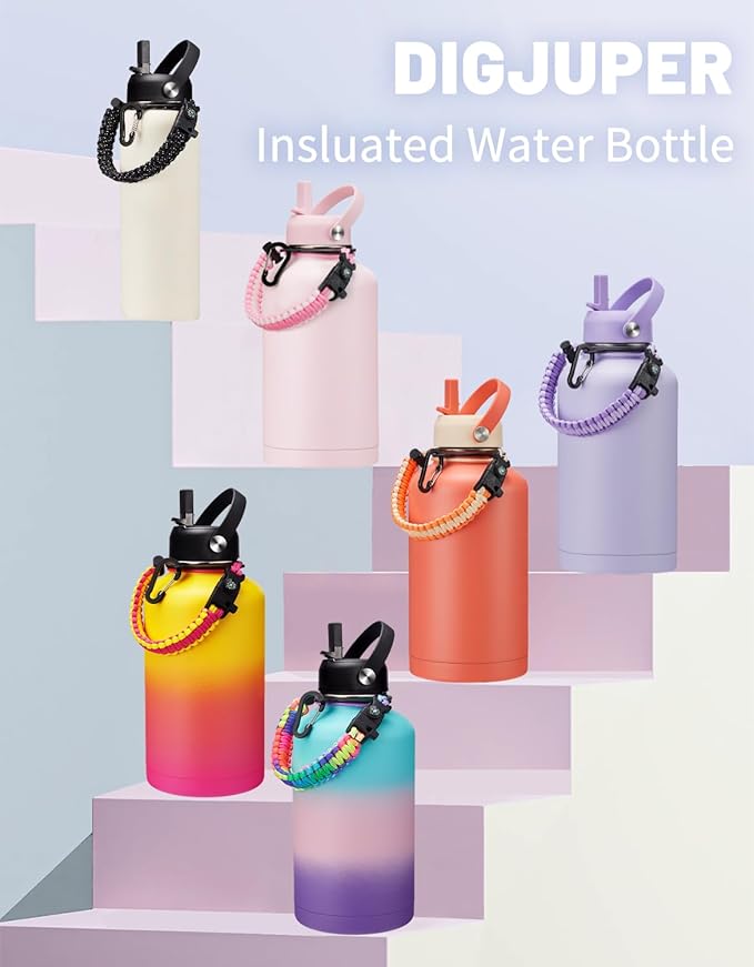 Insulated Water Bottle 64oz - w/Paracord Handle, Straw & Spout Lids, Carrier Bag, Half Gallon Sport Stainless Steel Water Flask Jug, Thermo Mug Double-wall Vacuum Water Bottle-FlexoryFit