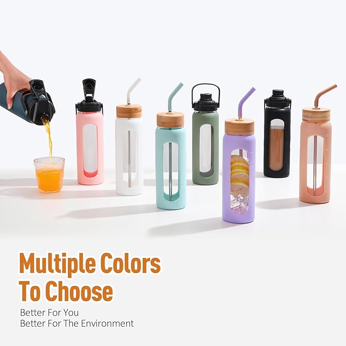Kodrine Water Bottle with Straw, 24 oz Glass water Bottle with 2 Lids Bamboo Straw Lid and Spout Lid with Handle, 32 oz Clear Water Bottle Glass for Sports Travel, Waterbottle with Time Marker-FlexoryFit