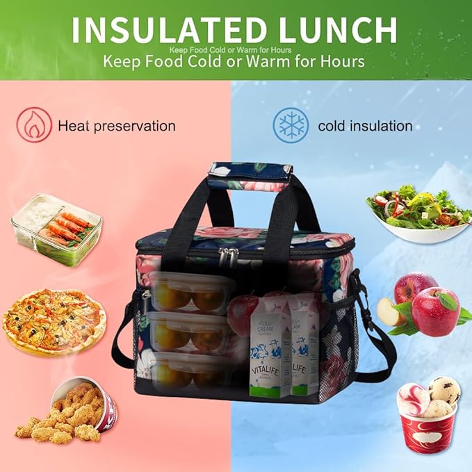 iknoe Large Foldable Cooler Bag, 8.5L Insulated Lunch Bag, Leakproof Lunch Cooler Tote with Multi-Bag Design Suitable for Beach, Picnic and Office Use, Flower 15-Can-FlexoryFit