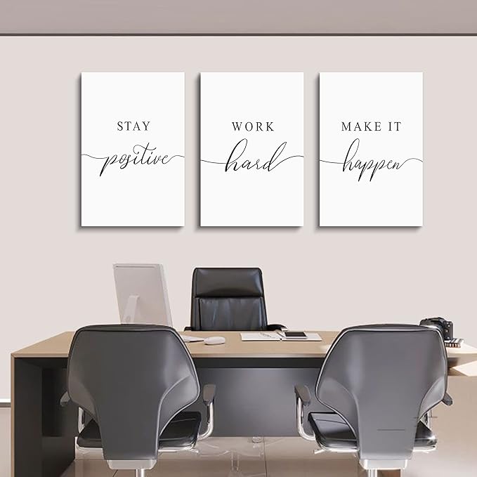 Framed Canvas Wall Art Work Quote, Office Wall Art Decor, Stay positive work hard make it happen, gift for father, boss gift, Inspirational Prints, Motivaional Wall Art (G-3pcs,16x24inchx3pcs)-FlexoryFit
