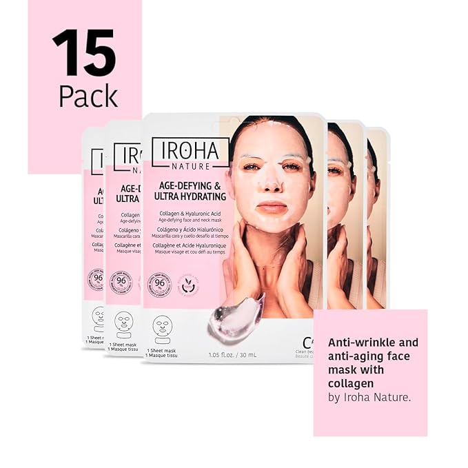 IROHA NATURE Anti-Aging Face & Neck Tissue Mask with Collagen (Pack of 15) | Firms and Prevents Wrinkles and Fine Lines | Visible Results in 15 Minutes | 96% Natural Ingredients | Mature Skin-FlexoryFit