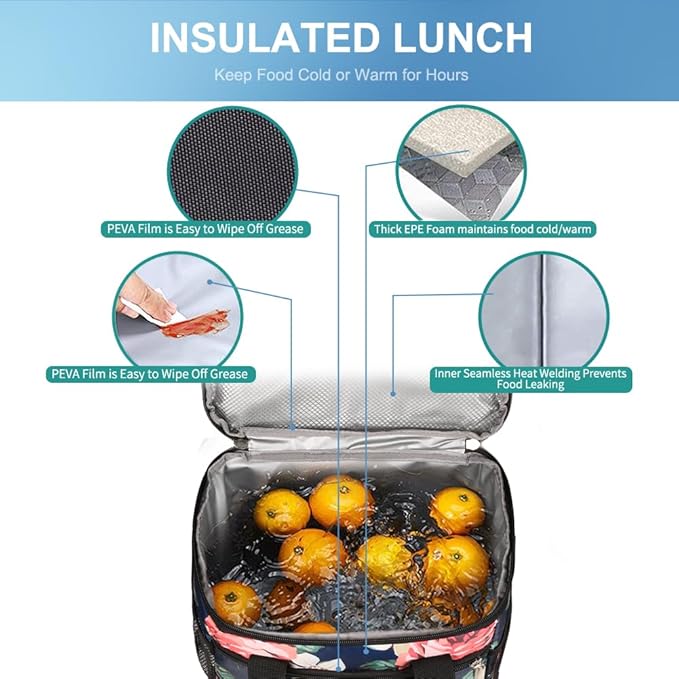iknoe Large Foldable Cooler Bag, 8.5L Insulated Lunch Bag, Leakproof Lunch Cooler Tote with Multi-Bag Design Suitable for Beach, Picnic and Office Use, Flower 15-Can-FlexoryFit