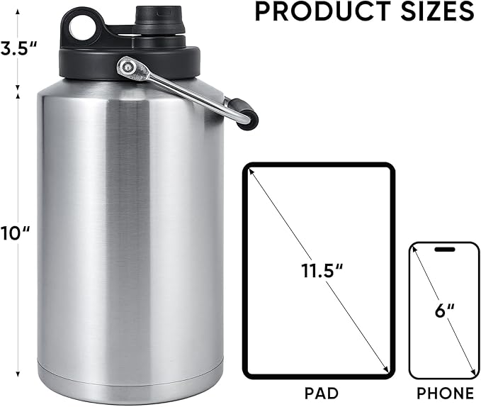 Kerilyn Insulated Gallon Jug with Handle, One Gallon, 128oz Stainless Steel, Large Double Vacuum Water Bottle for Hot & Cold Drinks, Wide Mouth, Sweat Proof, Great for Travel, Camping, Stainless-FlexoryFit