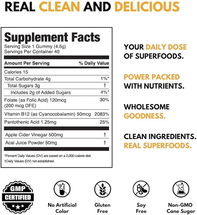 JUGO Apple Cider Vinegar + SUPERFOODS | ACV Gummies with Vitamin B12 & Acai | 40 Count Digestive Support Gummies | Plant-Based, Gelatin- Free, Non-GMO, Made in USA-FlexoryFit