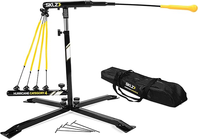 SKLZ Hurricane Batting Swing Trainer for Baseball & Softball - Durable Swing Arm - 4 Power Band System - High-Visibility, Anti-Dent Target Ball Head - Screw-in Base Legs, Metal Stakes & Carry Bag-FlexoryFit