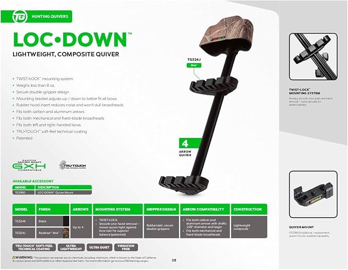 TRUGLO Loc-Down 4-Arrow Ultra-Quiet Lightweight Composite Vibration-Absorbing Left-Hand Convertible Bow Hunting Archery Quiver