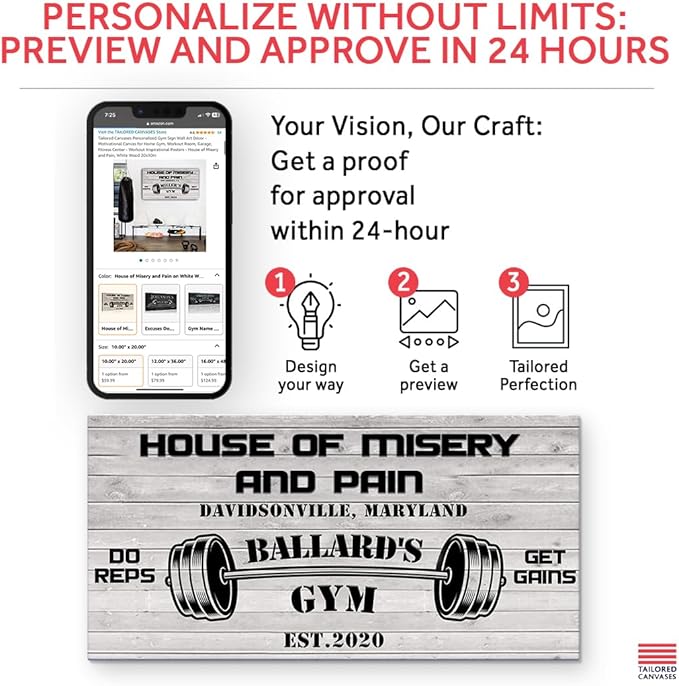 Tailored Canvases Personalized Gym Sign Wall Art Decor - Motivational Canvas for Home Gym, Workout Room, Garage, Fitness Center - Workout Inspirational Posters - House of Misery and Pain, White Wood 20x10in