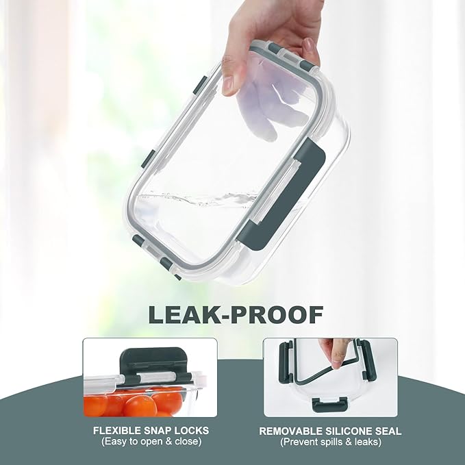 10 Pack Glass Food Storage Containers, Meal Prep Containers with Lids, Airtight Glass Lunch Boxes, Freezer, Oven, and Microwave Safe-FlexoryFit