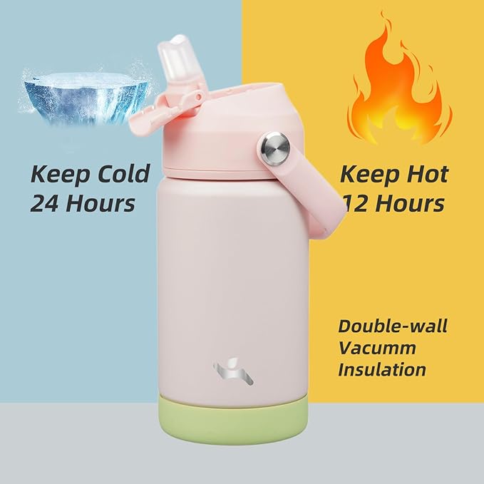 Insulated Water Bottle with Straw Lid,12 oz Stainless Steel Vacuum Metal Bottle with Silicone Handle,Pearl-FlexoryFit