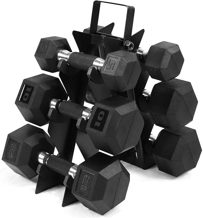 WF Athletic Supply Rubber Encased Hex Dumbbells with Rubber Grip Contoured Handle for Muscle Toning, Strength Building & Full Body Workout-FlexoryFit